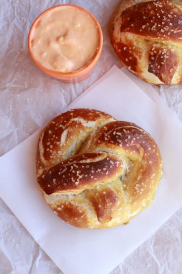 Homemade Soft Pretzels with Buffalo Cheddar Cheese Sauce