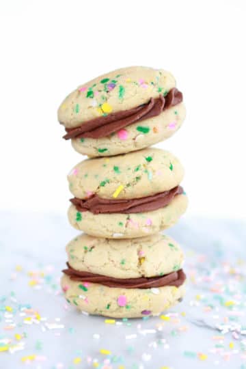 Homemade Funfetti Sandwich Cookies with Chocolate Ganache Frosting.