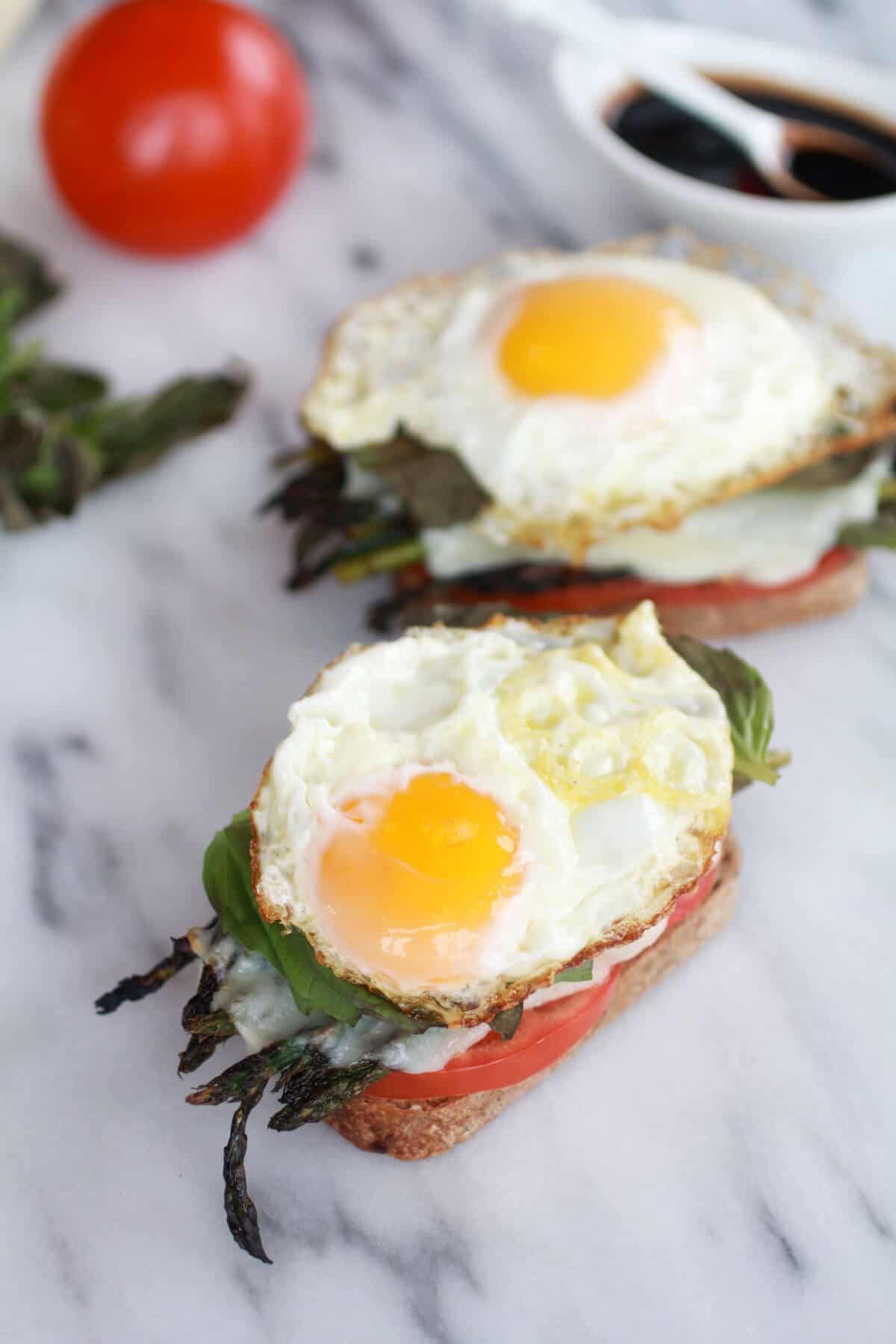 Roasted Asparagus Caprese Melt with Balsamic Drizzle and Fried Egg-4