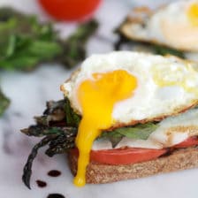 Roasted Asparagus Caprese Melts with Balsamic Reduction and Fried Egg