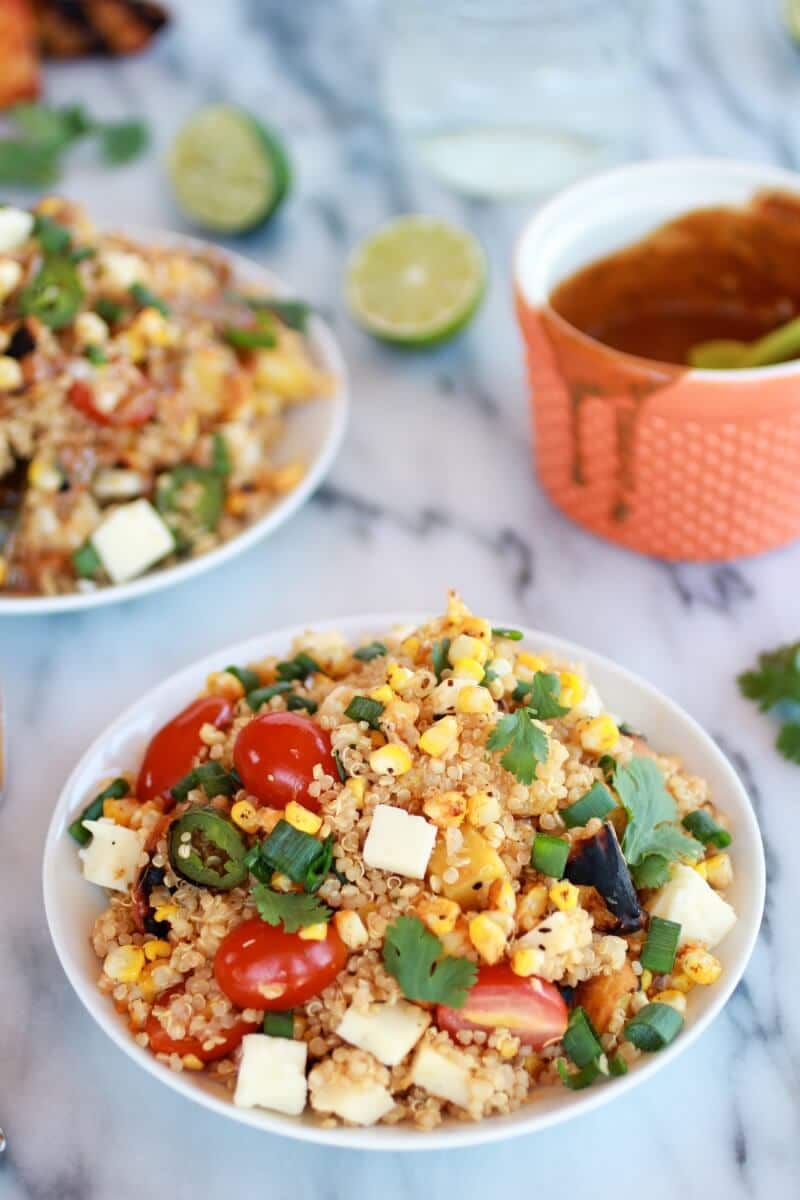 BBQ Grilled Corn, Jalapeño and Peach Quinoa Salad | https://dev.halfbakedharvest.com/