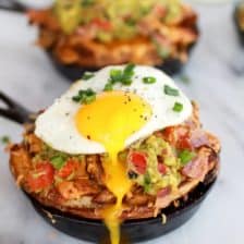 Cheesy Cajun Fries with Grilled Corn Guacamole, Bacon and Fried Eggs
