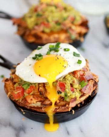 Cheesy Cajun Fries with Grilled Corn Guacamole, Bacon and Fried Eggs