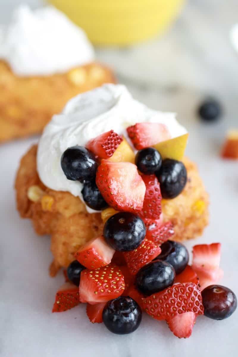 Corn Fritters with Coconut Whipped Cream and Sweet Honey Bourbon Syrup | https://dev.halfbakedharvest.com/