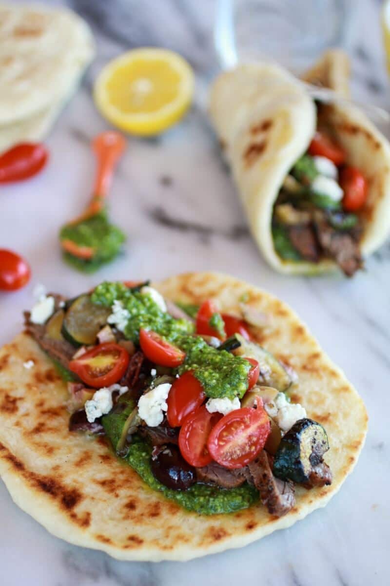 Greek Steak and Pesto Salad Gyros | https://dev.halfbakedharvest.com/
