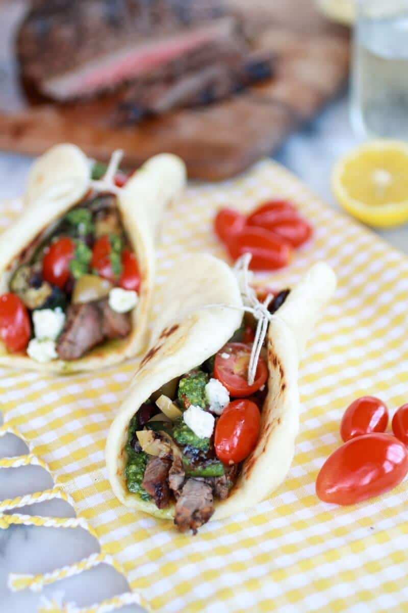 Greek Steak and Pesto Salad Gyros | https://dev.halfbakedharvest.com/