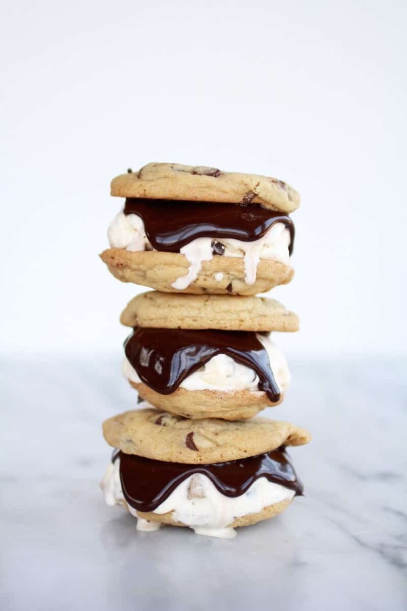 Hot Fudge Chocolate Chip Cookie Cookie Dough Ice Cream Sandwich | https://dev.halfbakedharvest.com/