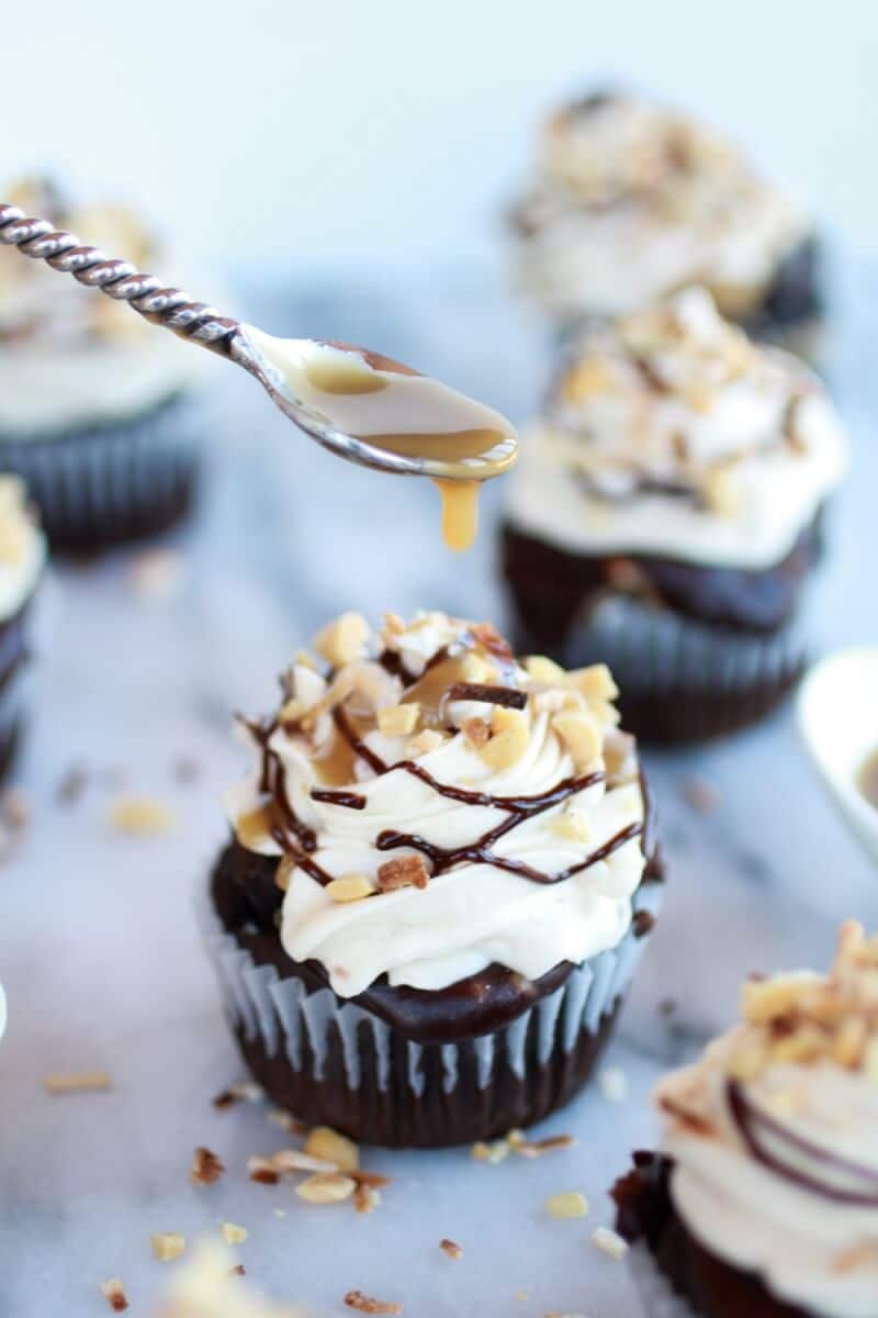 Snickers Coconut Caramel Cupcakes | halfbakedharvest.com