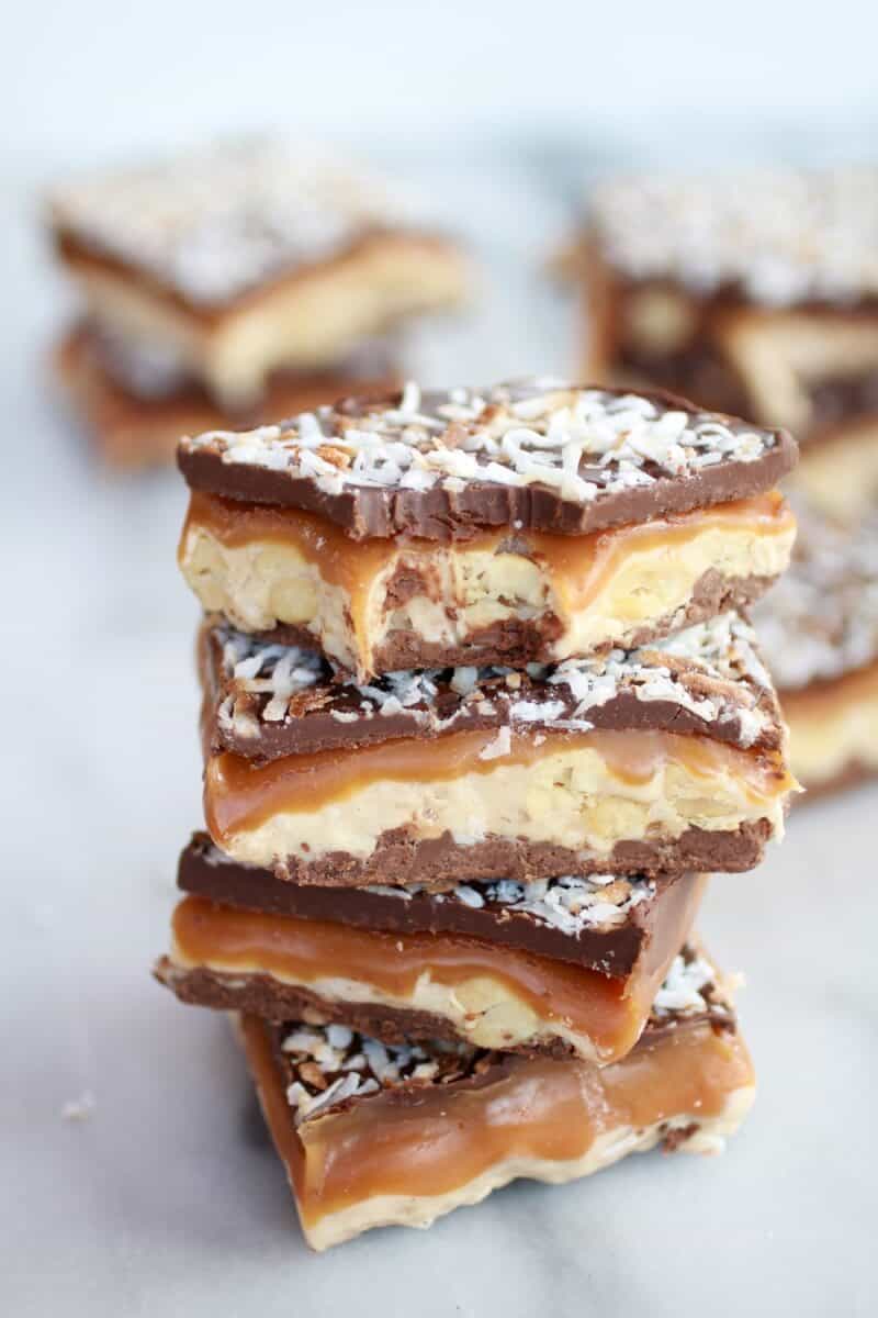 Toasted Coconut Caramel Peanut Butter Snickers Bars | halfbakedharvest.com