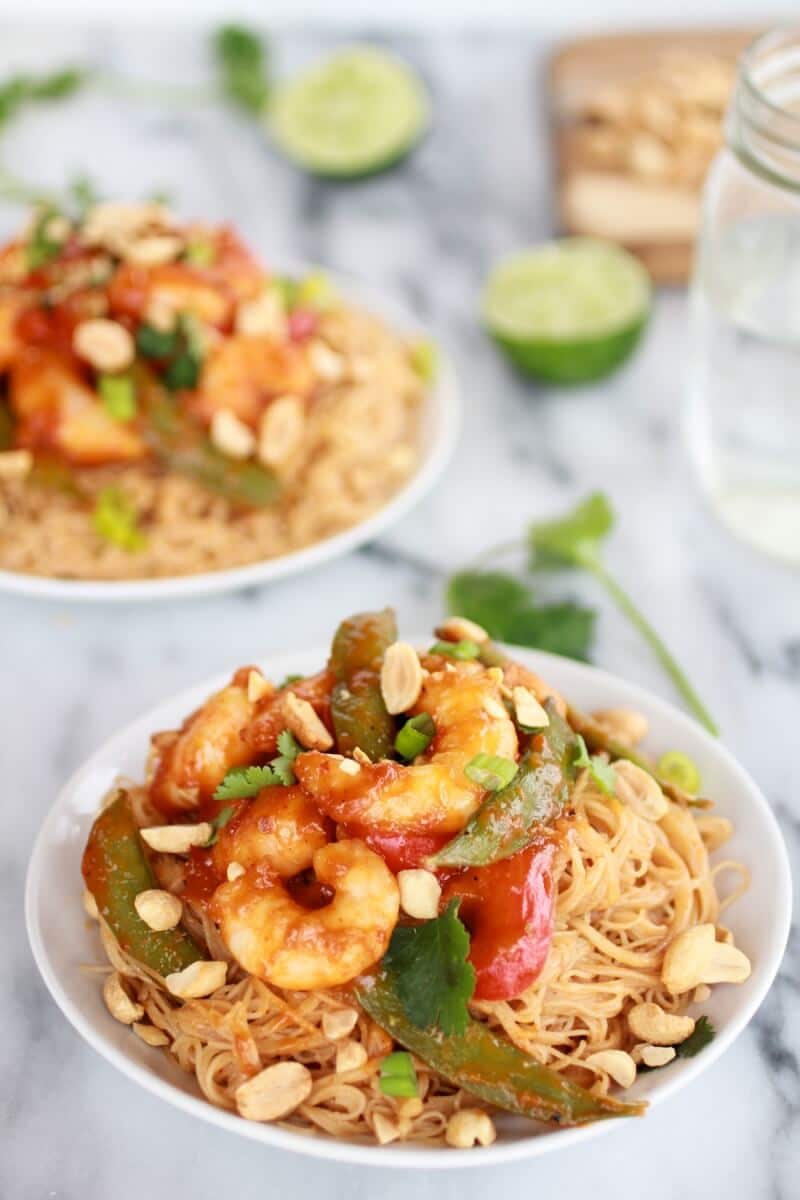 saucy thai shrimp curry and peanut noodles