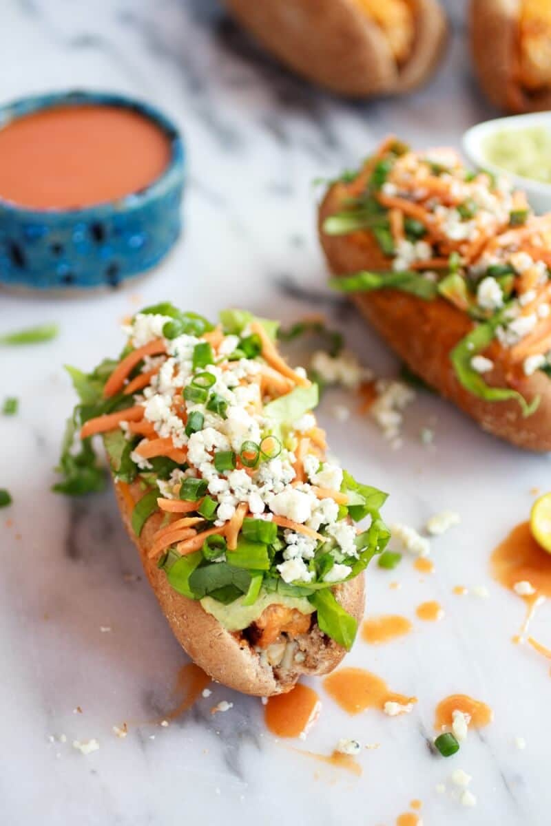 Healthy Loaded Cheddar + Blue Cheese Buffalo Chicken Dogs | halfbakedharvest.com/