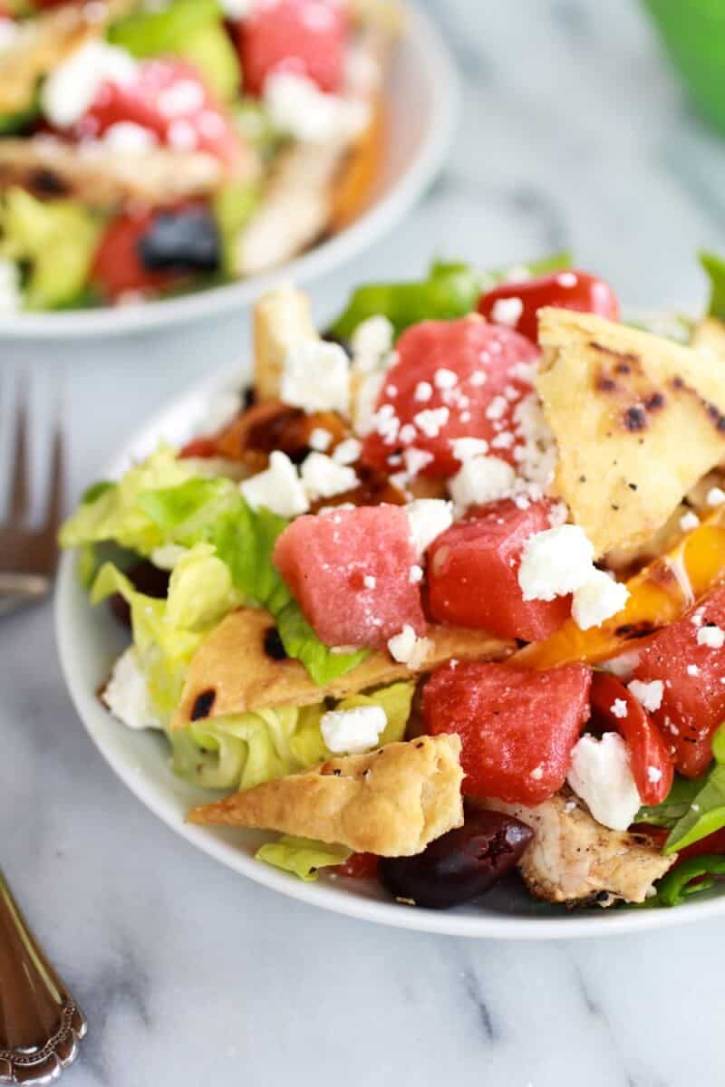 Chicken Gyro Salad with Homemade Pita Chips, Watermelon + Feta | halfbakedharvest.com