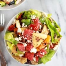 Chicken Gyro Salad with Homemade Pita Chips, Watermelon + Feta