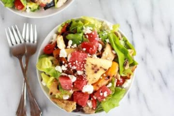 Chicken Gyro Salad with Homemade Pita Chips, Watermelon + Feta