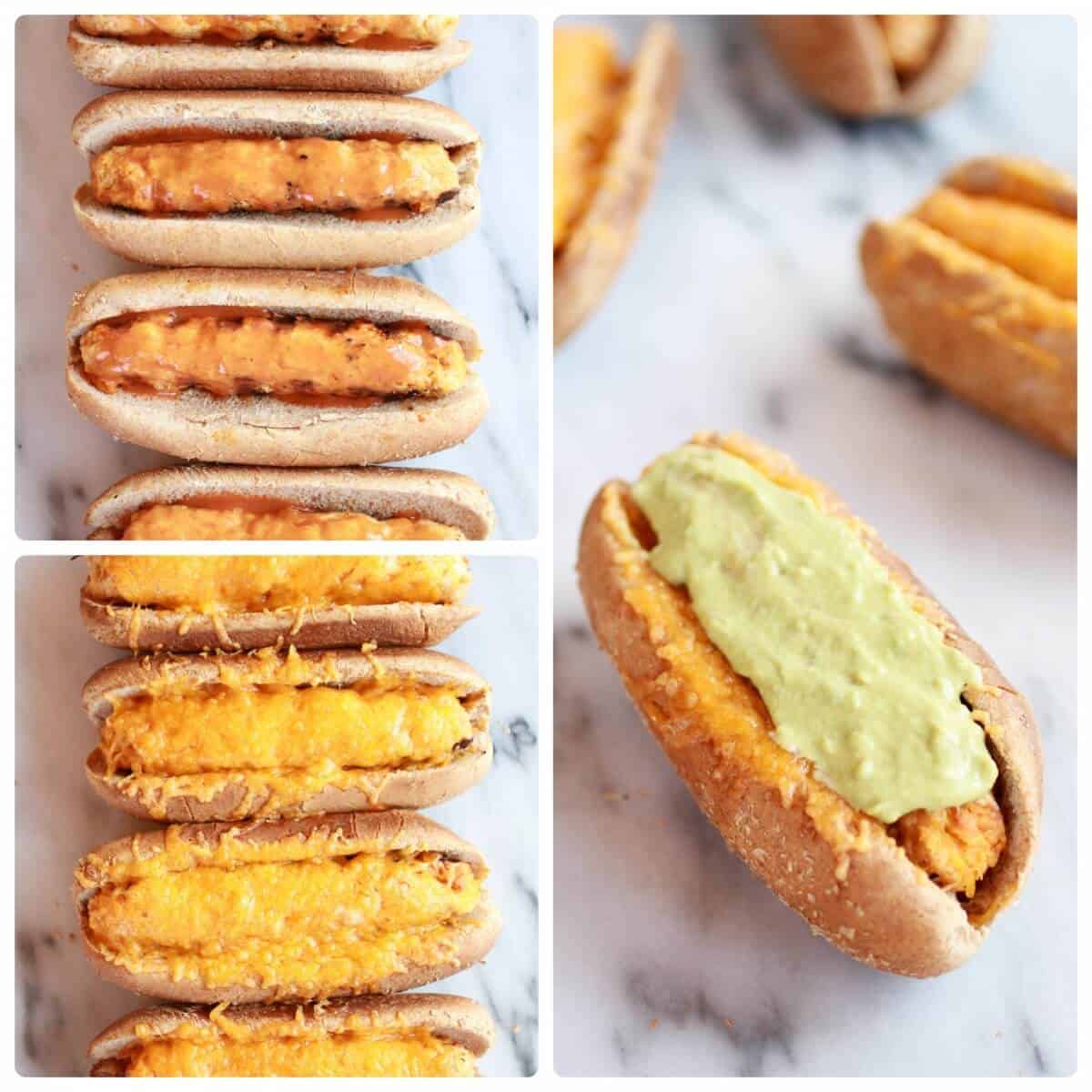 Healthy Loaded Cheddar + Blue Cheese Buffalo Chicken Dogs | halfbakedharvest.com/