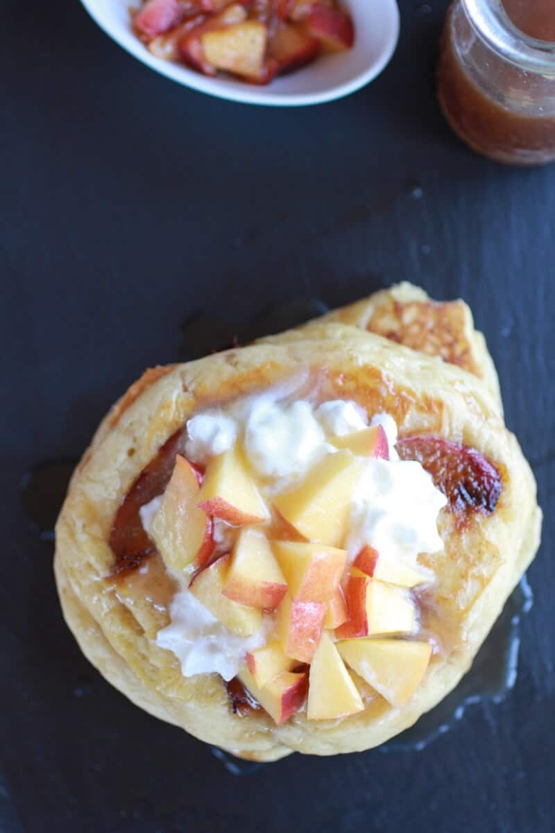 Bourbon Peaches and Coconut Cream Pancakes with Bourbon Cream Syrup | halfbakedharvest.com