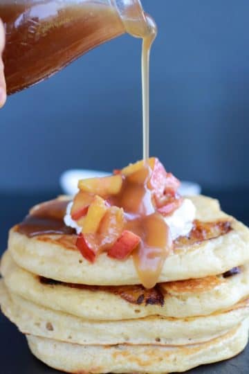 Bourbon Peaches and Coconut Cream Pancakes with Bourbon Cream Syrup