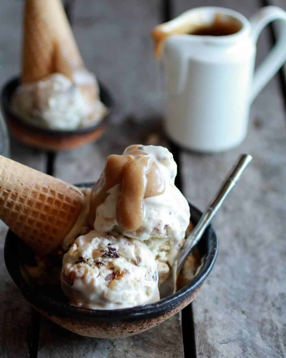 Chocolate Chip Stuffed Cinnamon Roll Ice Cream with Vanilla Bean Brown Butter Sauce | halfbakedharvest.com