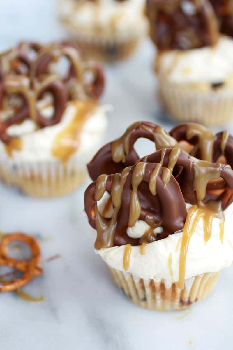Chocolate Covered Pretzel Peanut Butter Cupcakes with Butterscotch Frosting | halfbakedharvest.com