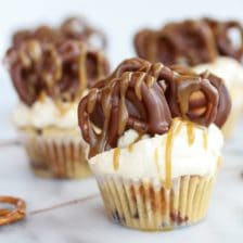 Chocolate Covered Pretzel Peanut Butter Cupcakes with Butterscotch Frosting