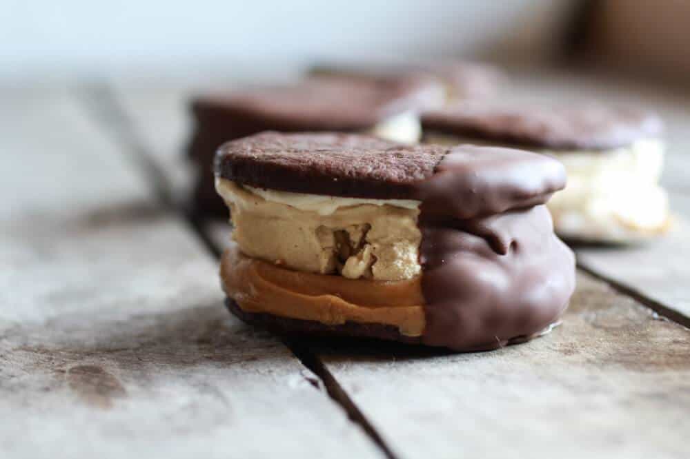 Chocolate Dipped Homemade Peanut Butter Oreo Mocha Ice Cream Sandwiches | halfbakedharvest.com
