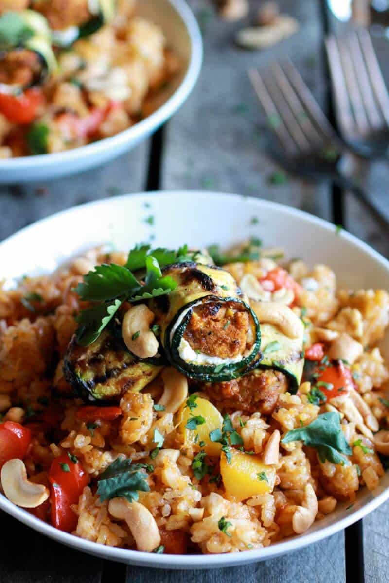 Curried Zucchini, Chicken and Goat Cheese Rolls with Cashew Mango Fried Rice | halfbakedharvest.com