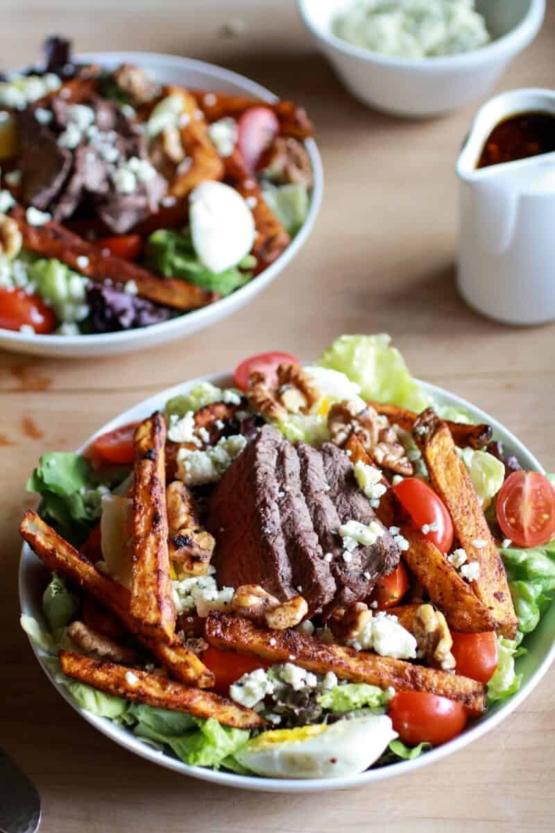 Steak and French Fry Salad with Blue Cheese Butter + Poached Eggs | halfbakedharvest.com