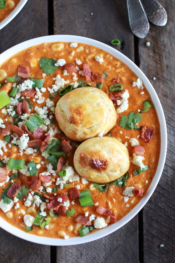 Buffalo Chicken Corn Chowder with Blue Cheese Gougères | halfbakedharvest.com