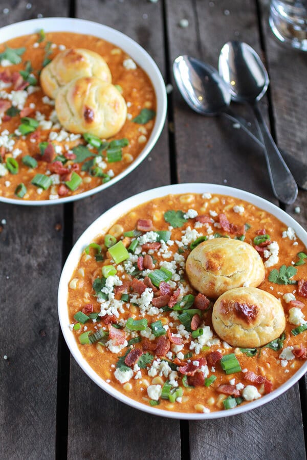 Buffalo Chicken Corn Chowder with Blue Cheese Gougères | halfbakedharvest.com