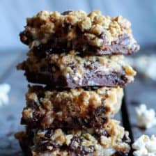 Fudge Brownie, Caramel, Popcorn + Oatmeal Cookie Crumble 7 Layer Bars