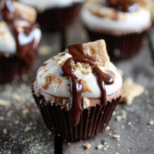 S’more Milk Chocolate Mousse filled Chocolate Cups with Marshmallow Frosting