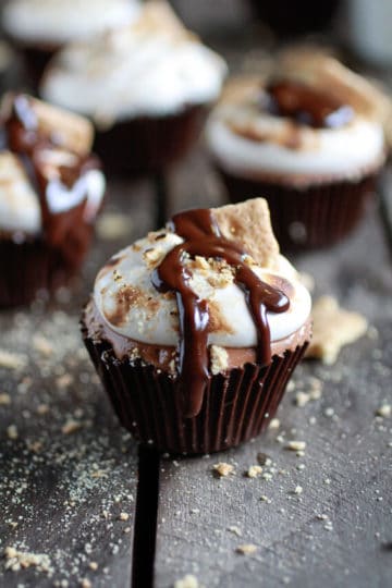 S’more Milk Chocolate Mousse filled Chocolate Cups with Marshmallow Frosting