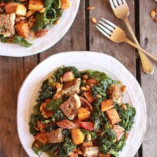Crispy Kale Roasted Autumn Salad with Brie Grilled Cheese Croutons
