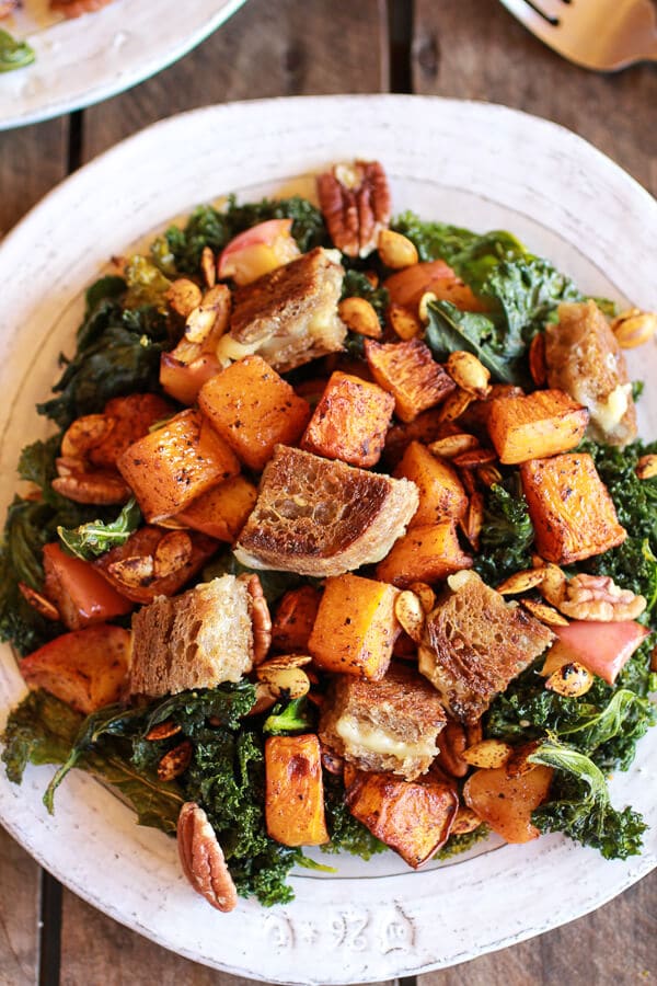 Crispy Kale Roasted Autumn Salad with Brie Grilled Cheese Croutons | halfbakedharvest.com