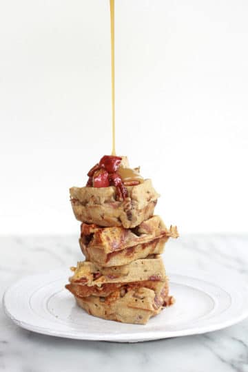 Roasted Apple Pecan and Brie Buckwheat Waffles with Caramel Drizzle