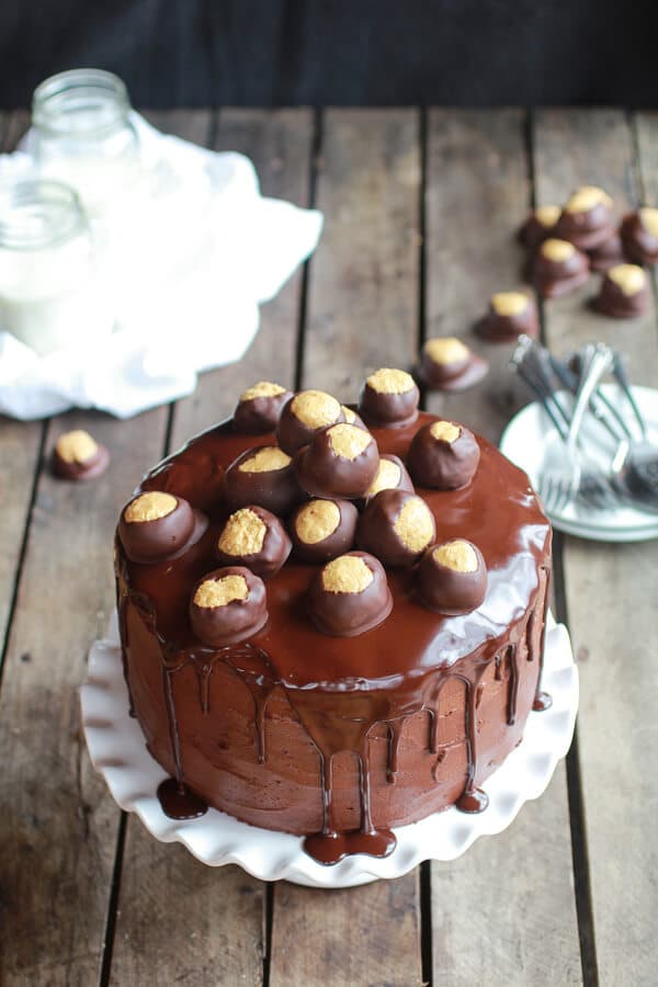 Ultimate Triple Layer Chocolate Bourbon Peanut Butter Buckeye Cake | halfbakedharvest.com