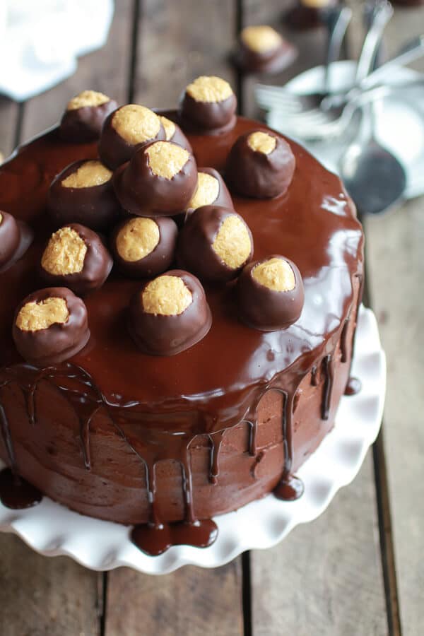 Ultimate Triple Layer Chocolate Bourbon Peanut Butter Buckeye Cake | halfbakedharvest.com