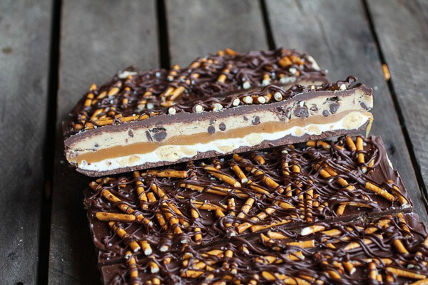 Salted Pretzel Chocolate Chip Cookie Dough Snickers Bars | halfbakedharvest.com