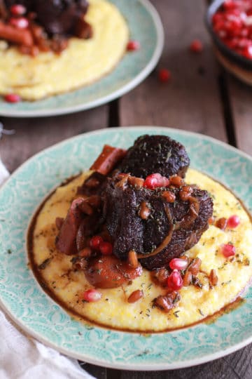 Crockpot Sweet and Sour Pomegranate Short Ribs with Creamy Polenta