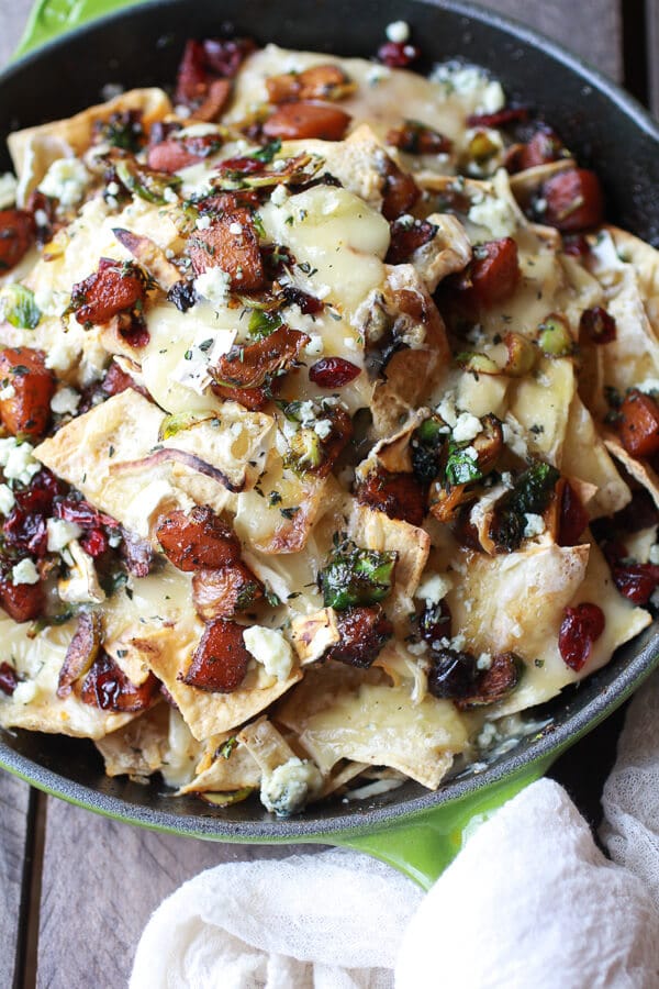 Cranberry, Butternut and Brussels Sprout Brie Skillet Nachos | halfbakedharvest.com