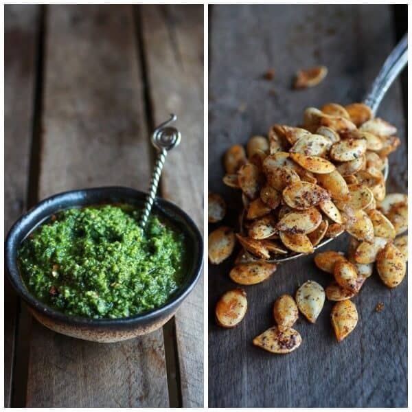 Roasted Garlic Sage Pesto Pumpkin Soup with Spicy Fried Pumpkin Seeds | halfbakedharvest.com