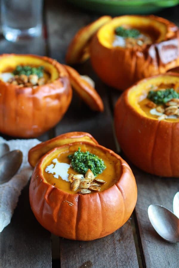 Roasted Garlic Sage Pesto Pumpkin Soup with Spicy Fried Pumpkin Seeds | halfbakedharvest.com