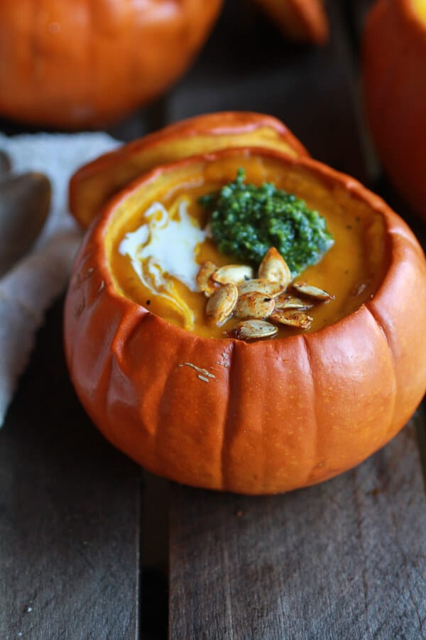 Roasted Garlic Sage Pesto Pumpkin Soup with Spicy Fried Pumpkin Seeds | halfbakedharvest.com