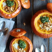 Roasted Garlic Sage Pesto Pumpkin Soup with Spicy Fried Pumpkin Seeds