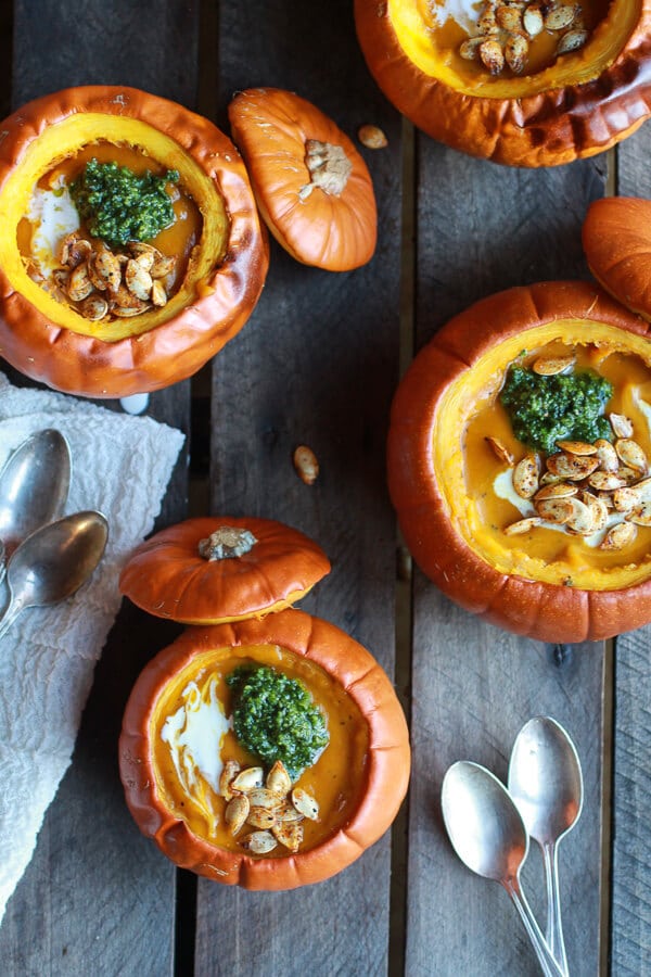 Roasted Garlic Sage Pesto Pumpkin Soup with Spicy Fried Pumpkin Seeds | halfbakedharvest.com