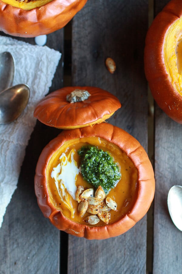 Roasted Garlic Sage Pesto Pumpkin Soup with Spicy Fried Pumpkin Seeds | halfbakedharvest.com