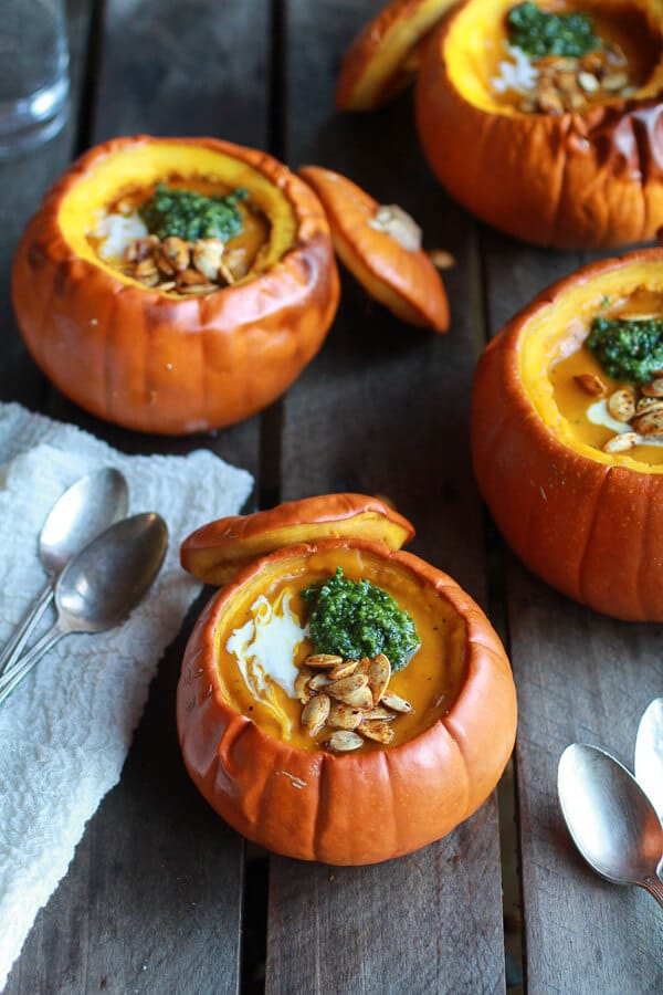 Roasted Garlic Sage Pesto Pumpkin Soup with Spicy Fried Pumpkin Seeds | halfbakedharvest.com