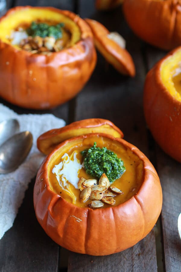 Roasted Garlic Sage Pesto Pumpkin Soup with Spicy Fried Pumpkin Seeds | halfbakedharvest.com