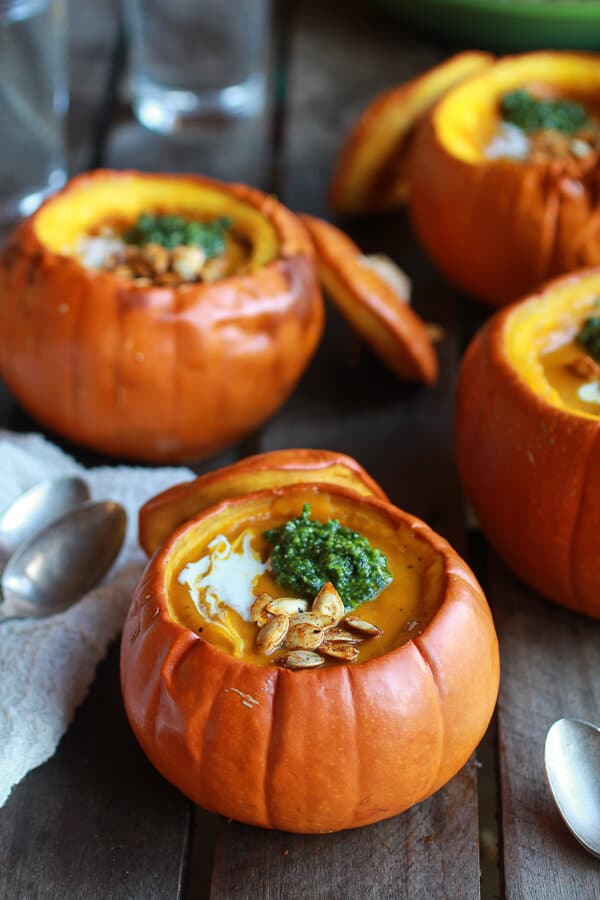 Roasted Garlic Sage Pesto Pumpkin Soup with Spicy Fried Pumpkin Seeds | halfbakedharvest.com