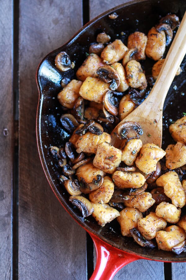 Crispy Brown Butter Sweet Potato Gnocchi with Balsamic Caramelized Mushrooms + Goat Cheese | halfbakedharvest.com